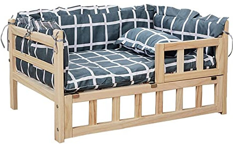 Hundebett Hundebett aus Holz, erhöhtes Haustierbett mit abnehmbarer, waschbarer Matratze, tragbares erhöhtes Haustierbett, Hundehütte für kleine, mittelgroße und große Hunde für Hunde, Haustier, Katze