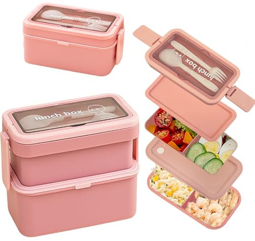 Echehi Fiambrera de 2 Capas con Compartimentos para Adultos y Niños, 950+550ml Fiambrera Apilable de Gran Capacidad, Fiambrera Bento con Tenedor y Cuchara y Asa Oculta. Rosa
