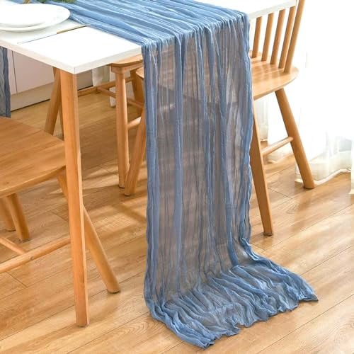 PAITOK Cheesecloth Table Runner,90 * 300 CM Boho Gauze Fabric Tablecloth Rustic Table Cover Muslin Decorative Fabric for Wedding Baby Shower Party Table Decoration(Blue)