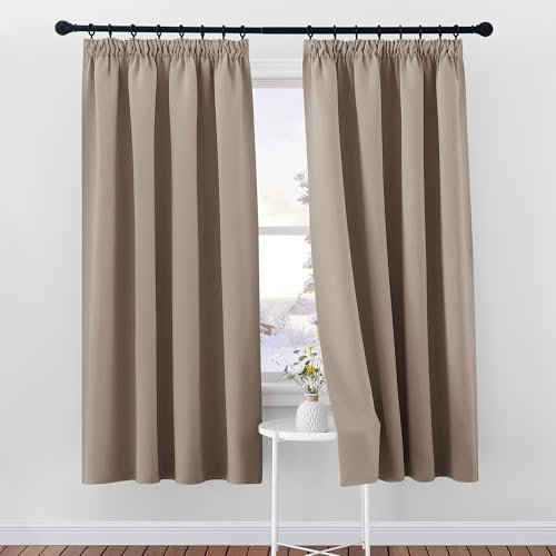 PONY DANCE Thermovorhang Kälteschutz Verdunkelnde Vorhänge mit Kräuselband 2er Set H 175 x B 140 cm Schienensystem Gardinen Verdunkelung für Schlafzimmer/Wohnzimmer, Hellbraun