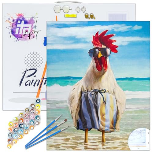 ITA Art Malen nach Zahlen Komplett Set mit Keilrahmen, Acrylfarben, Pinseln, Zubehör, Geschenkbox - DIY Gemälde Bastelset Kit mit Leinwand für Erwachsene, 40x50 cm, Stilvoller Hahn
