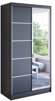 Easy4You N3 100 cm Black Sliding Doors Wardrobe 100 x 200 x 58 cm with Mirror - Bedroom Furniture, Storage - Multi-Purpose Cabinet