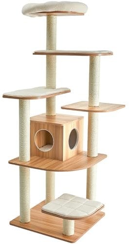 Maxmass 7-Layer Cat Tree, Wooden Kitten Tower with Condo, Platforms, Perch, Sisal Posts & Washable Cushions, Indoor Kitty Scratching Post for Climbing, Playing, Sleeping (Natural)