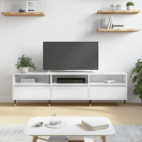 TJROO Mobile Porta TV Bianco Lucido 150x30x44,5cm Legno Multistrato y Ferro Consolle TV Mobile Televisione Mobile Basso con Ante Mobile TV Vetrina Mobile con Ante Mobiletto TV Armadio TV