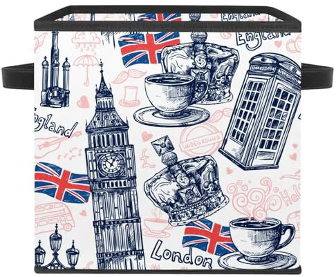 VAPOKF Faltbare Aufbewahrungsbox, Stoff-Aufbewahrungskorb, Würfel, Organizer, Behälter mit Griffen für Spielzeug, Kleidung, Bücher, Schrank, Schlafzimmer, Zuhause - England London Elements Collection