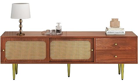 MUZHIXIANG Élégant meuble TV avec portes coulissantes en rotin, 2 tiroirs, compartiments réglables, pour TV de 70, MDF, pieds en bois massif, style moderne (noyer, 160 x 40 x 60 cm)