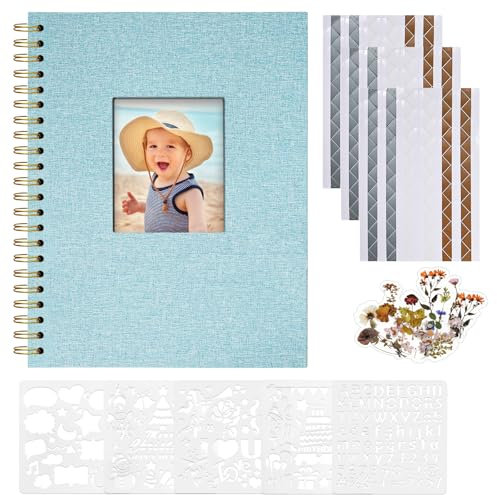 Vienrose Fotoalbum zum Selbstgestalten 28,5 x 20,5 cm, Leinen Fotoalbum mit 40 Weißen Seiten, Leeres Kraftpapier, DIY Scrapbook Spiralalbum Set für Babys, Familien, Hochzeiten, Jahrestag, Hellblau