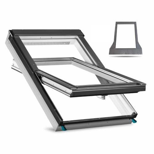 Dachfenster Set für FAKRO | Kunststoff Schwingfenster 66 x 140 cm | Fenster aus PVC mit 3-fach Verglasung und regulierbarem Lüfter | inkl. Eindeckrahmen für Ebene Ziegel (bis 45 mm)