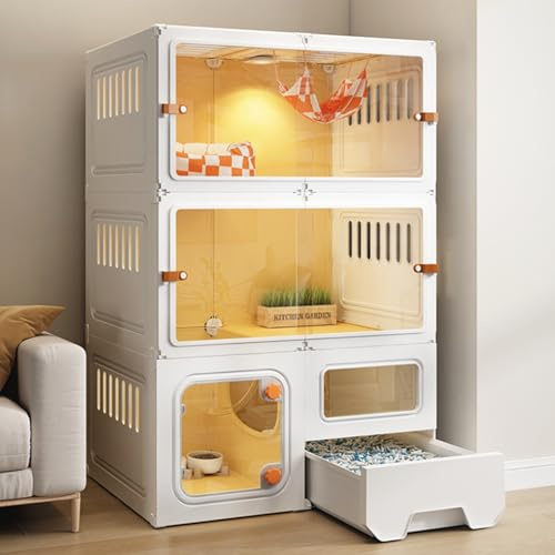 BAGFVAFS Cage à chat pour intérieur avec bac à litière - 3 niveaux, ventilé, transparent, Blanc, 70 cm x 45 cm x 105 cm
