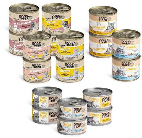 Dogs’n Tiger Adult Katzenfutter, Nassfutter, Getreidefrei, ohne Zuckerzusatz & künstliche Konservierungsstoffe, optimale Verträglichkeit, Mixpaket Lecker Hühnchen! Huhn, Lachs, Rind & Ei, 18 tlg.- Set
