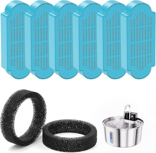 Official Tomxcute Cat Water Fountain Replacement Filters (6+2 Pack) | 3 Month Set, 6 Pack Replacement Filters + 2 Pack Sponges Set for Tomxcute 3.2L/108oz & 4L/135oz P Series Cat Fountain