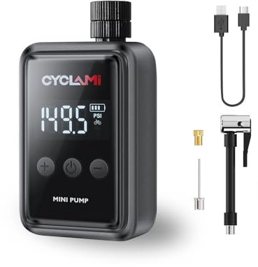 Mini Pompa per Bicicletta,CYCLAMI Pompa Elettrica per Bicicletta Portatile 150PSI con Manometro Digitale per Bici da Corsa Portatile, con Valvole Presta e Schrader