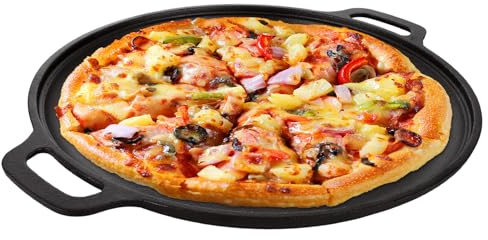 ZOFUN Cast Iron Pizza Pan, 30 x 36 x 2.6 cm Round Oven Trays Non Stick, 12 Inch Cast Iron Skillet Pan with Double Handles, Pizza Oven Skillet Pan for Tortillas, Baking Stove, Oven, BBQ
