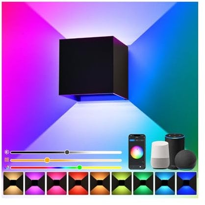 Smart WiFi LED Wandlampe Innen/Außen,6W-RGB Farbwechsel,steuerbar per App/Sprachsteuerung,einstellbarer Abstrahlwinkel-Wandleuchte Perfekt für Innen-und Außenbereiche Wohnzimmer