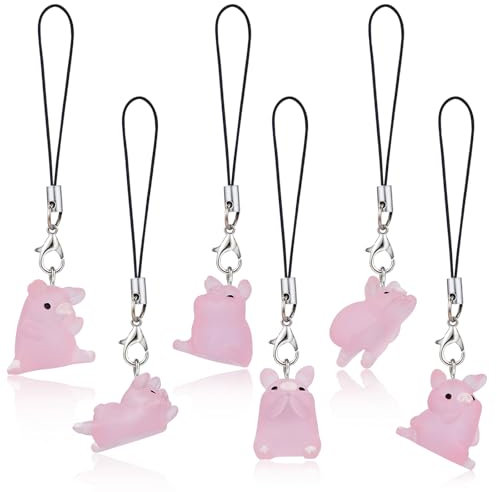 BEEFLYING 6 STK. Handy Anhänger Ästhetik Y2K Niedliche Leuchtende Harz Schwein Anhänger Bänder Handy Anhänger Zubehör für Tasche Schlüsselanhänger Kamera Geldbörse