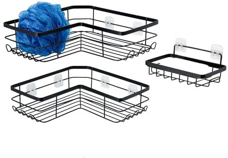 Amazon Basics - Organizador de ducha adhesivo de acero inoxidable en forma de L, 3 Unidad, color negro