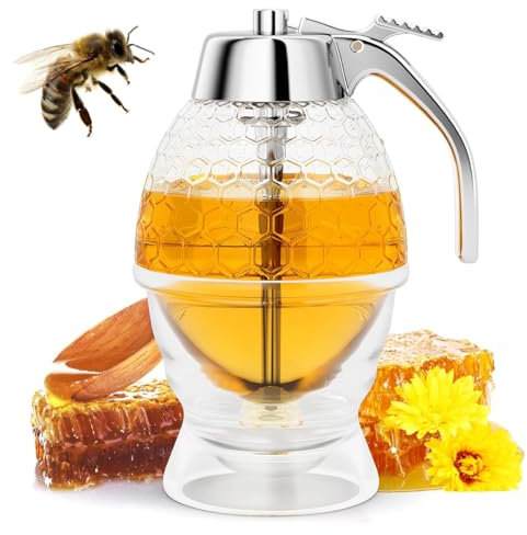 Transparent honey dispenser, dispenser dispenser for honey syrup honey dispenser with base storage stand, honey pot container, beehive honey jar, honey jars for serving honey and syrup (200ml)