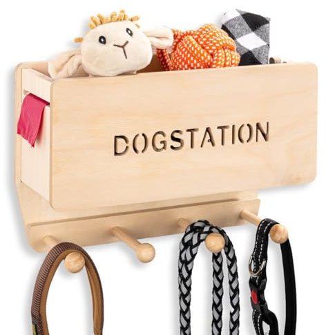 INEXTERIOR Hundegarderobe CLASSIC aus Holz - personalisierbar - in Deutschland handgefertigt - Aufbewahrung für Hundeleinen (Natur, Schriftzug Dogstation)