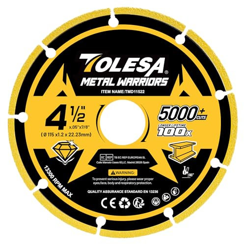 TOLESA Diamond Metal Cutting Discs 115 x 22.23mm, Cut Off Wheel with 5000+ Cuts on Rebar, Steel, Iron and INOX, 1 PC
