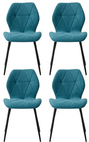 HJhomeheart Lot de 4 Chaises de Salle à Manger, Chaises de Cuisine Modernes, Chaises Rembourrées avec Pieds en Métal, Coussins en Tissu à Motif Losange, Bleu lac