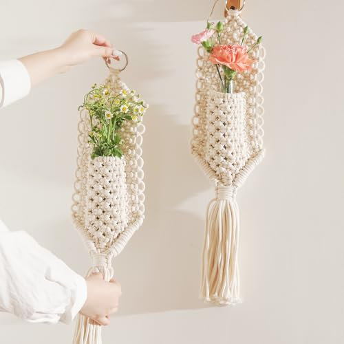 2 Stück handgewebte Wandvase für Blumen-Set, Wandbehang, Pflanzen-Anzuchtstationen, Makramee für Hydrokulturpflanzen und getrocknete Blumen, modernes Bauernhaus und Boho-Wanddekoration