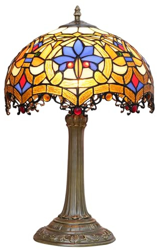 Blivuself Tiffany Style Table Lamp, Stained Glass, Multicolor, 12x12x18 Inch, Antique Brass Finish, Includes LED Bulb