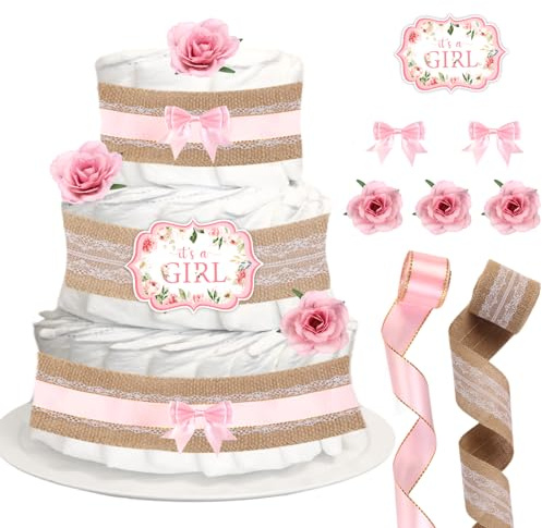 CORNER LACE Baby Shower Diaper Cake Decorations Pink, Birthday Party Diaper Supplies, Include Ribbon, Bow Tie, Cake Cards, Artificial Flowers(Diapers Not Included)