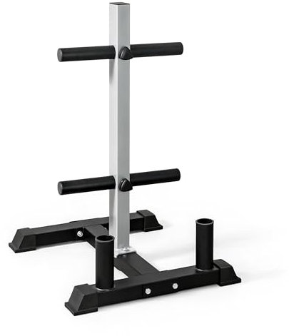 CAP Barbell Olympic Bumper Plate Tree Rack with 4 Weight Plate Posts and 2 Barbell Storage Holders – Heavy-Duty Steel Gym Organizer for Olympic Plates and Bars - Gray