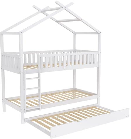 Azkoeesy Hausbett weiß 90x200/190cm – Platzsparendes Etagenbett mit Schiebebett & Rausfallschutz – Premium Sicherheitspaket: Stabiler Geländer + Lattenrost – Für Kinder & Teenager‌