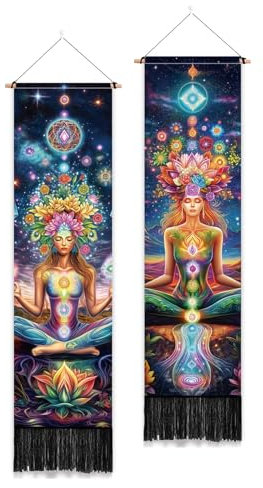 PLIGREAT 2 Packung Vertikaler Wandteppich Mit Quasten Chakra Yoga Stil Wandbehang Für Schlafzimmer Badezimmer Wohnzimmer Warm Lang Schmal Wandbehang Schlafsaal Heimkunstdekor 52 x 13/130 x 33cm