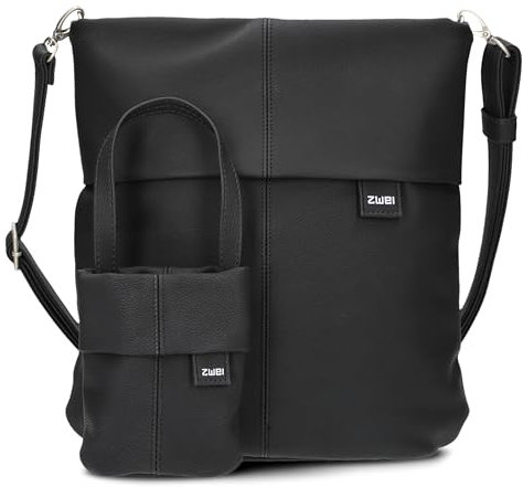 Zwei Damen Umhängetasche Mademoiselle.M M12 und Mini-Bag M0 im Taschen-Set, Schultertasche in DIN-A4-Größe mit Schlüsselring und Geheimfach & kleine Mini-Handtasche im Bundle (nubuk-black)