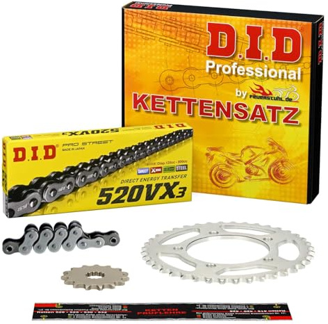 Kettensatz für KTM 125 Duke 2014-2021, mit, DID X-Ring extra verstärkt | Kettenkit mit X-Ring-Kette (offen mit Clipschloß) extra verstärkt, stahlfarben, Ritzel und Kettenrad