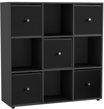 URBNLIVING 9 Cube Storage Unit with 5 Foldable Fabric Drawers, Wooden Freestanding Bookcase Shelf Organiser, Modern Cube Shelving for Bedroom, Office, Living Room, Toys, Clothes & Books