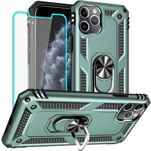 Yiakeng for iPhone 11 Pro Max Case with Screen Protector: Military Grade Protective Cases with Ring Holder Kickstand for - iPhone 11 Pro Max (Dark Green)