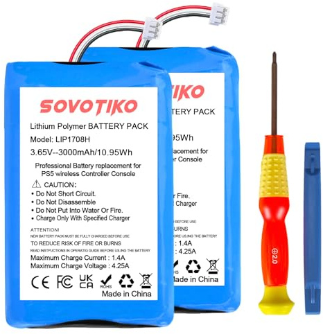 SOVOTIKO 2-Pack PS5 Controller Battery Replacement, LIP1708H 3000mAh Rechargeable Battery for Sony PlayStation 5 Dual Sense Controller CFI-ZCT1W Gamepad