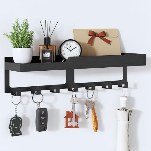 HapiRm Schlüsselbrett mit Ablage – Shlüsselhaken mit Holztablett & 7 Haken | Schlüssel Organizer Wand, Wohnkultur Schlüsselkasten Holz Schlüsselbord, Schlüsselbrett Wand für Flur, Eingangsbereich, Büro