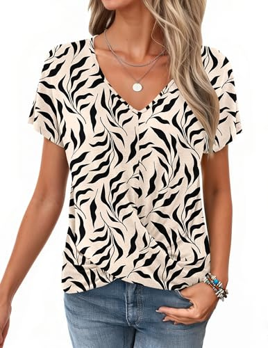 WNEEDU Tee Shirt Femme Col V Manches Courtes T Shirt Haut été avec Nœud Torsadé Top Blouse Chic et élégant