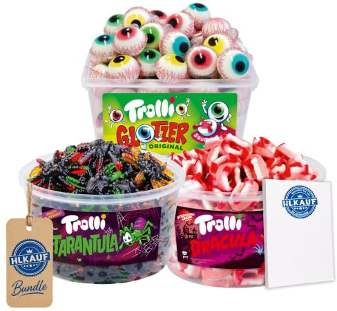 HLKauf Bundle Trolli Mix – Dracula Gebisse, Glotzer Augen & Tarantula Spinnen – Fruchtgummi & Schaumzucker Partybox – Perfekt für Halloween, Motto-Partys & Kindergeburtstage & Notizblock