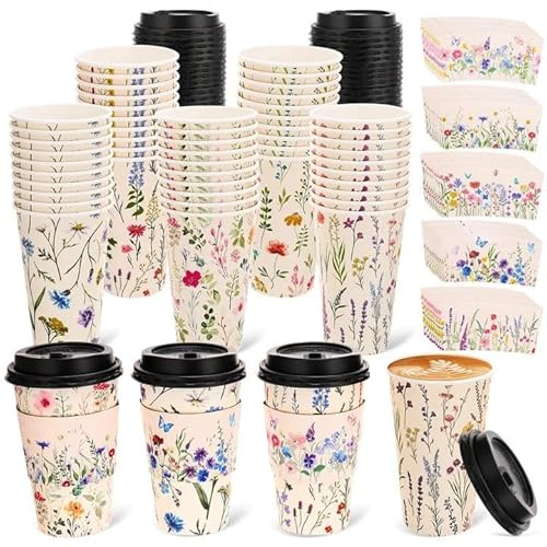 saerryor 50 Pack Floral Coffee Cups with Lids and Sleeves,16oz | Flower Paper Cups for Cafes Office Shops Cappuccino Chocolate Beverage
