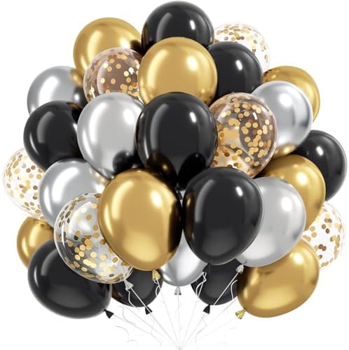 Luftballons Schwarz Gold Silber, 60 Stück Latex Ballons Schwarz Gold Silber