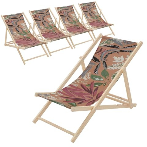 ECD Germany 5er Set Liegestuhl klappbar Floral Braun-Rot-Grün, Strandliege aus Holz, Sonnenliege mit verstellbarer Rückenlehne, Strandstuhl bis 120kg, Gartenliege Relaxliege für Garten Balkon Terrasse