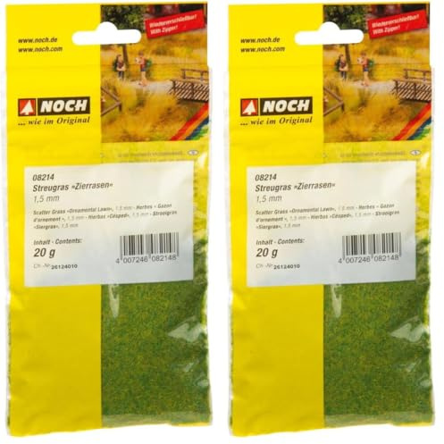 NOCH Streugras „Zierrasen“, statisches Gras für Modellbau in Grüntönen, 1,5 mm 20 g Beutel für die Spurweiten H0, N und Z (Packung mit 2)