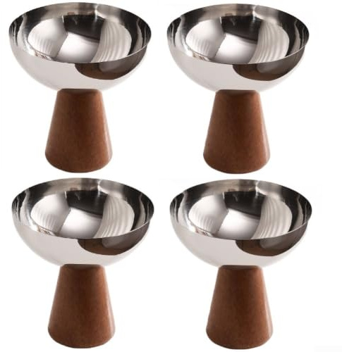 4 Stück Eisbecher Aus Edelstahl Mit Holzfuß Füßige Dessertschalen Für Ice Cream Sandwich Pudding Obst Snacks Robust Spülmaschinenfest Silber Design