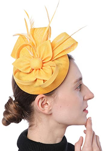 Biruil Damen Fascinator Hut Imitation Sinamay Feder Tee Party Pillbox Blume Derby - Gelb - Einheitsgröße