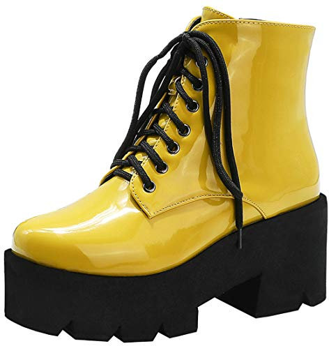Etebella Damen Lack Gothic Plateau Stiefeletten High Heels Blockabsatz Ankle Boots zum Schnüren Moderne Punk Schuhe (Gelb,36)
