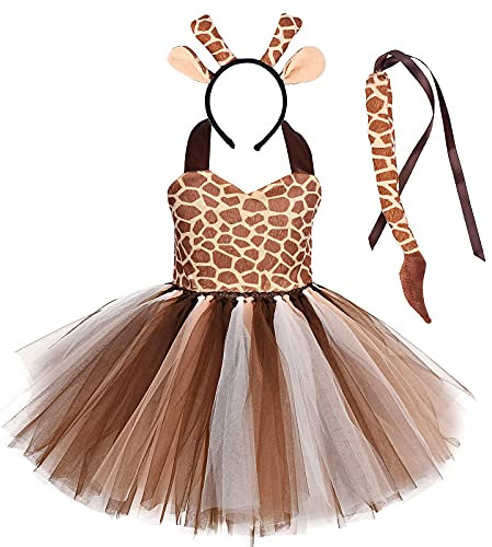 IMEKIS Kinder Baby Mädchen Tier Cosplay Kostüm Prinzessin Verkleidung Giraffe Tüll Kleid mit Stirnband und Schwanz 3tlg Halloween Weihnachts Karneval Outfit Braun 7-8 Jahre