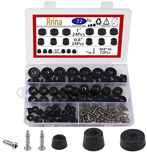 Rrina 72Pcs Medium Hard Cutting Board Rubber Bumper Feet with Stainless Washer Screws Assortment Kit 3 Sizes 0.6 0.8 1 for Electronics Appliances Furniture