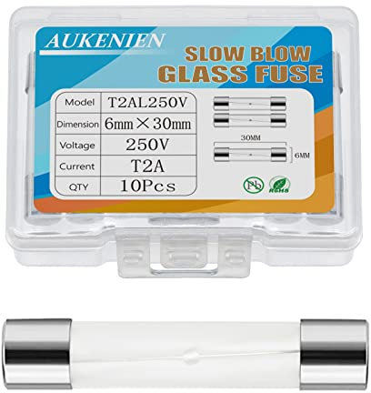AUKENIEN T 2A 250V Slow Blow Glass Fuses T2AL T2AL250V 6x30 MM 2 Amp 250 Volt Cartridge Tube Time Delay Fuse, Multiple Values of Glass Fuse Optional (Pack of 10)