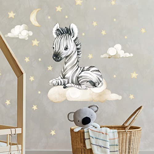 WANDKIND Zebra auf der Wolke Wandtattoo V341 | handgezeichnet | AUFKLEBER Kindergarten | Wandsticker Kinderzimmer Zebras mit Sterne Wolken (60 x 60 cm)