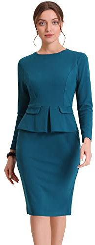 Allegra K Vestido ceñido al Cuerpo para Mujer, Cuello Redondo, Manga 3/4, Peplum, Vestido para Trabajar en la Oficina Lago Azul M